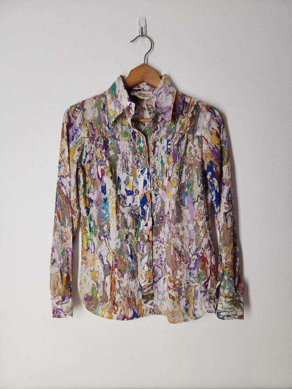 Vintage 70' Amanda button down abstract marble paint swirl psychedelic shirt S